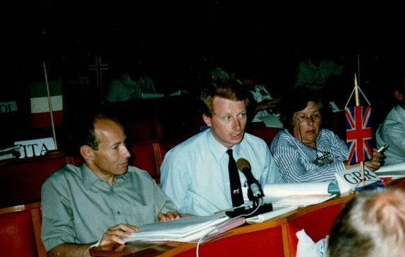 
 Anne with David Rosen and Richard Speirs, representing GBR at the 1992
     IOF Congress
