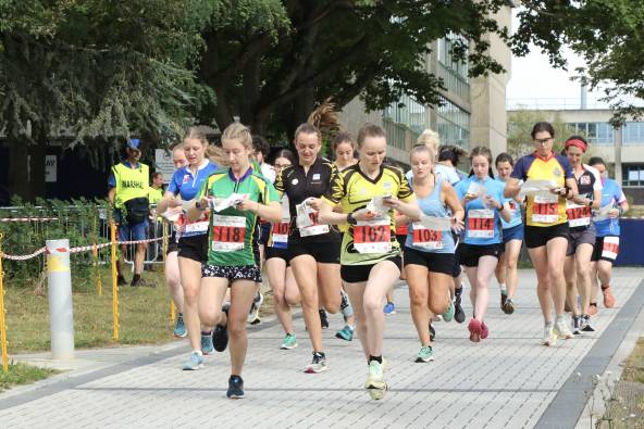 Female orienteers taking part in the British Sprint Relay Championships 2023
